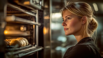 Poster - A woman gazes at freshly baked pastries in an oven, showcasing culinary passion.