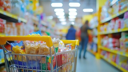 Sticker - A shopping cart filled with groceries in a brightly lit supermarket aisle.