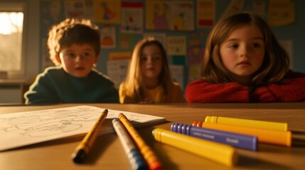 Poster - Three children observe art supplies on a table in a classroom setting.