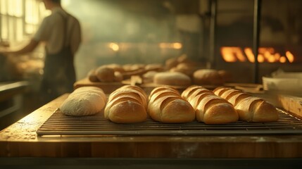 Canvas Print - Freshly baked bread cooling on a rack in a warm, inviting bakery.