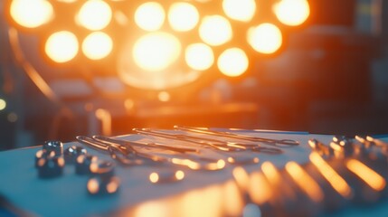 Wall Mural - Surgical instruments arranged on a table with bright operating room lights in the background.