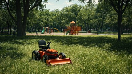 Poster - A lawn tractor sits in a grassy area near a playground surrounded by trees.