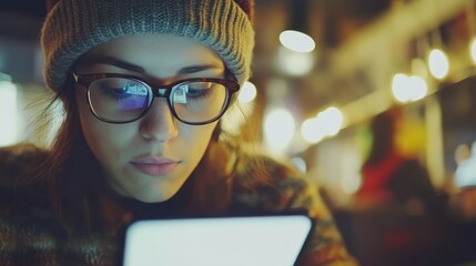 Canvas Print - A young woman reading on a tablet in a cozy, dimly lit café.