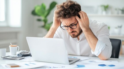 Wall Mural - A stressed man sits at a desk, holding his head, overwhelmed by work on his laptop.