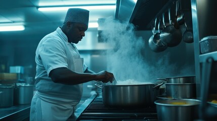 Wall Mural - Chef cooking in a professional kitchen, steam rising from a large pot.