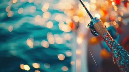 Wall Mural - A close-up of a fishing rod against a shimmering water background.