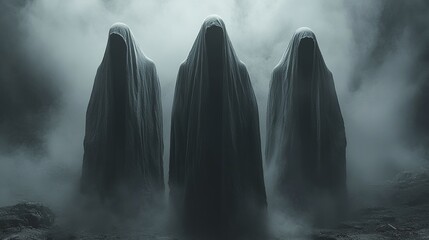 Wall Mural - Three dark figures are shrouded in fog, with their faces hidden