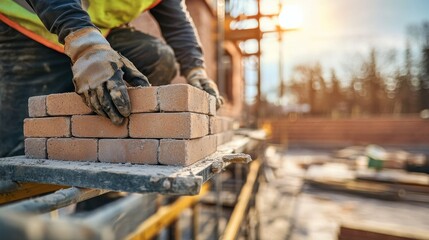 Poster - A construction worker carefully stacking bricks on a scaffold at sunset.