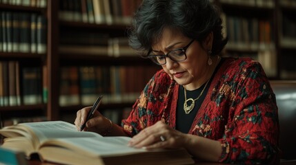 Canvas Print - A woman studying in a library, taking notes from an open book.