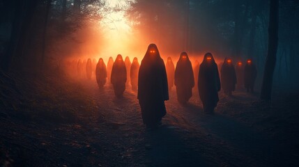 Poster - A group of people are walking in a forest with a red sun in the background