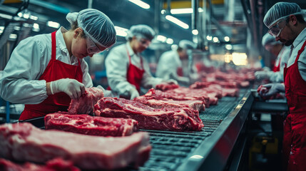 Workers processing meat in a busy processing facility during early morning hours with strict hygiene practices in place