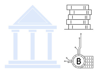 Simplified images of a traditional bank building and a bitcoin symbol connected to a stack of digital coins. Ideal for financial technology themes digital currencies banking blockchain and investment