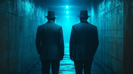 Poster - Two men wearing suits and hats walking down a dark tunnel