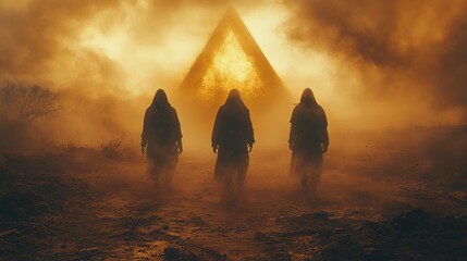 Canvas Print - Three people are walking through a desert with a pyramid in the background