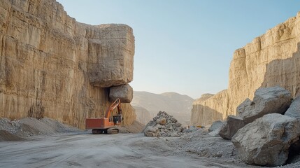 Wall Mural - A construction site with heavy machinery near a large rock formation in a quarry.