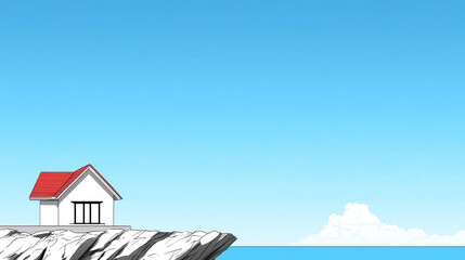 Poster - A simple white house with a red roof sits on a cliff overlooking the ocean.