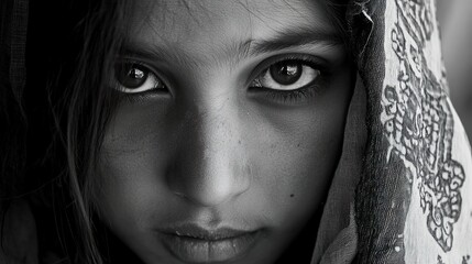 Wall Mural - Intense Gaze: Black and White Portrait of a Young Girl