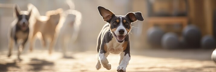 Canvas Print - A joyful dog running in a playful scene with other dogs in a sunlit environment.