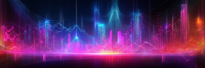 Canvas Print - A vibrant digital cityscape with colorful light waves and abstract patterns.