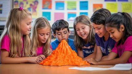 Sticker - Children observing a colorful volcano model during a science activity.