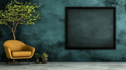 Canvas Print - A minimalist living room with a mustard yellow armchair, a large framed artwork, and a potted plant.