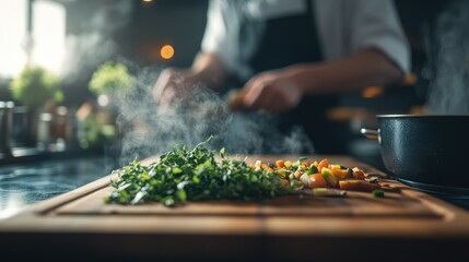 Poster - A chef prepares fresh herbs and vegetables in a steamy kitchen.