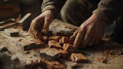 Canvas Print - A close-up of hands working with bricks on a dusty surface, showcasing craftsmanship.