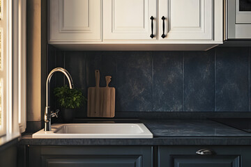 Wall Mural - Classical home kitchen interior with washbasin and empty counter