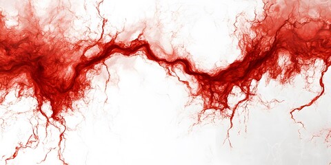 Red abstract veins flowing across a white background in a dynamic artistic pattern..
