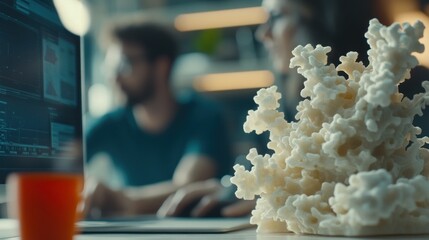 Canvas Print - A close-up of a coral-like structure with blurred people working on a computer in the background.