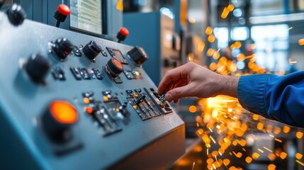 Poster - A control panel in an industrial setting with a hand adjusting settings amid sparks.