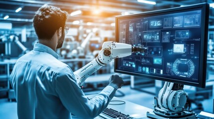 Canvas Print - A technician operates a robotic arm while monitoring data on a screen in an industrial setting.