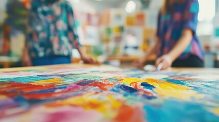 Sticker - A vibrant painting session with two individuals creating art in a colorful studio.