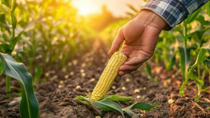 Poster - A hand picking ripe corn in a sunlit agricultural field.