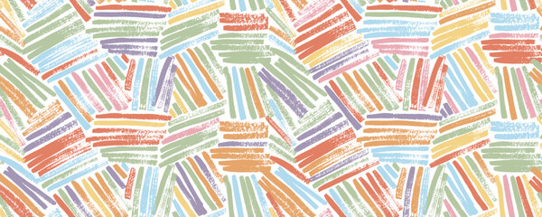 Poster - Colorful weave seamless pattern with straight brush stokes. Rough textures lines in different direction. Intricate basket or bamboo texture. Hand drawn childish style seamless banner background.