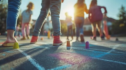 Wall Mural - Children playing with chalk on pavement during sunset, creating colorful designs.