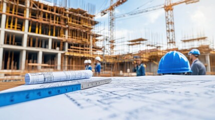 Poster - Construction site with blueprints and workers in hard hats overseeing building progress.