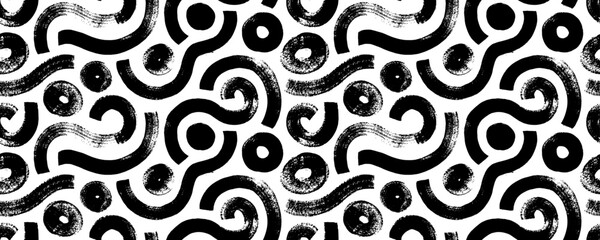 Aufkleber - Grunge geometric seamless pattern with rough bold curved brush strokes and circles. Hand drawn vector squiggle lines, doodle thick shapes, rough edges geometric elements. Organic background.