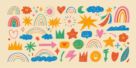 Naive playful abstract doodle shapes sticker pack in childish style. Colored crayon drawn funky figures and doodles for kid collages. Clouds with rainbow, sun, hearts, crowns, arrows and stars.