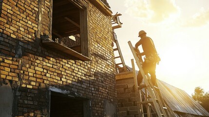 Poster - A construction worker climbs a ladder on a building site during sunset.