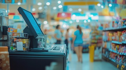 Poster - A checkout counter in a grocery store with shoppers browsing nearby.