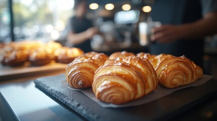 Canvas Print - Freshly baked croissants displayed in a café setting, inviting customers to enjoy.