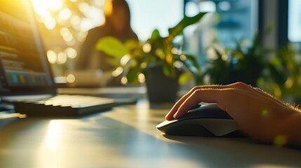 Canvas Print - A hand using a computer mouse with plants and a laptop in a bright office setting.