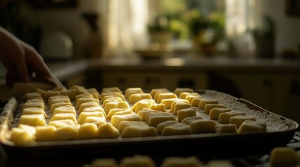 Wall Mural - A tray of freshly made gnocchi illuminated by soft sunlight in a cozy kitchen.