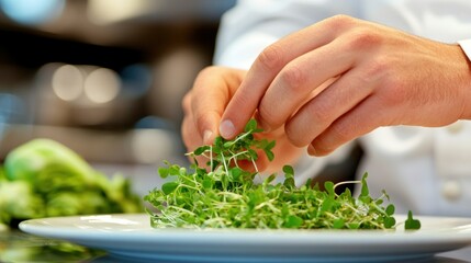 Sticker - A chef garnishing a plate with fresh microgreens for presentation.