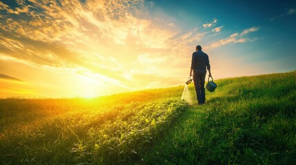 Wall Mural - A person tending to a field at sunset, embodying agricultural care and nature's beauty.