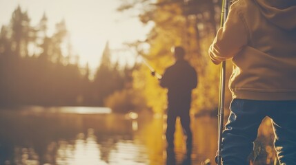 Wall Mural - A serene fishing scene at sunset with two individuals by the water.