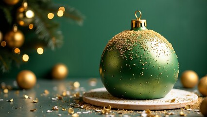 Celebrating the new year with a cake in gold and pink tones on a green background, the cake is decorated with snowflakes and Christmas balls with copy space