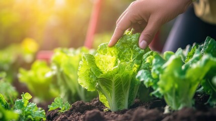 Poster - A hand harvesting fresh lettuce from a vibrant garden bed.