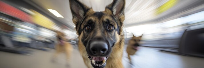 Poster - A close-up of a happy dog in a blurred indoor setting.